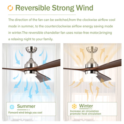 52" Ceiling Fan with Lights Remote Control,Quiet DC Motor 3 Wood Blade Ceiling Fans 6 Speed Levels,Reversible Ceiling Fan, for Patio Living Room, Bedroom, Office,Indoor.(Stain nickel + Walnut )