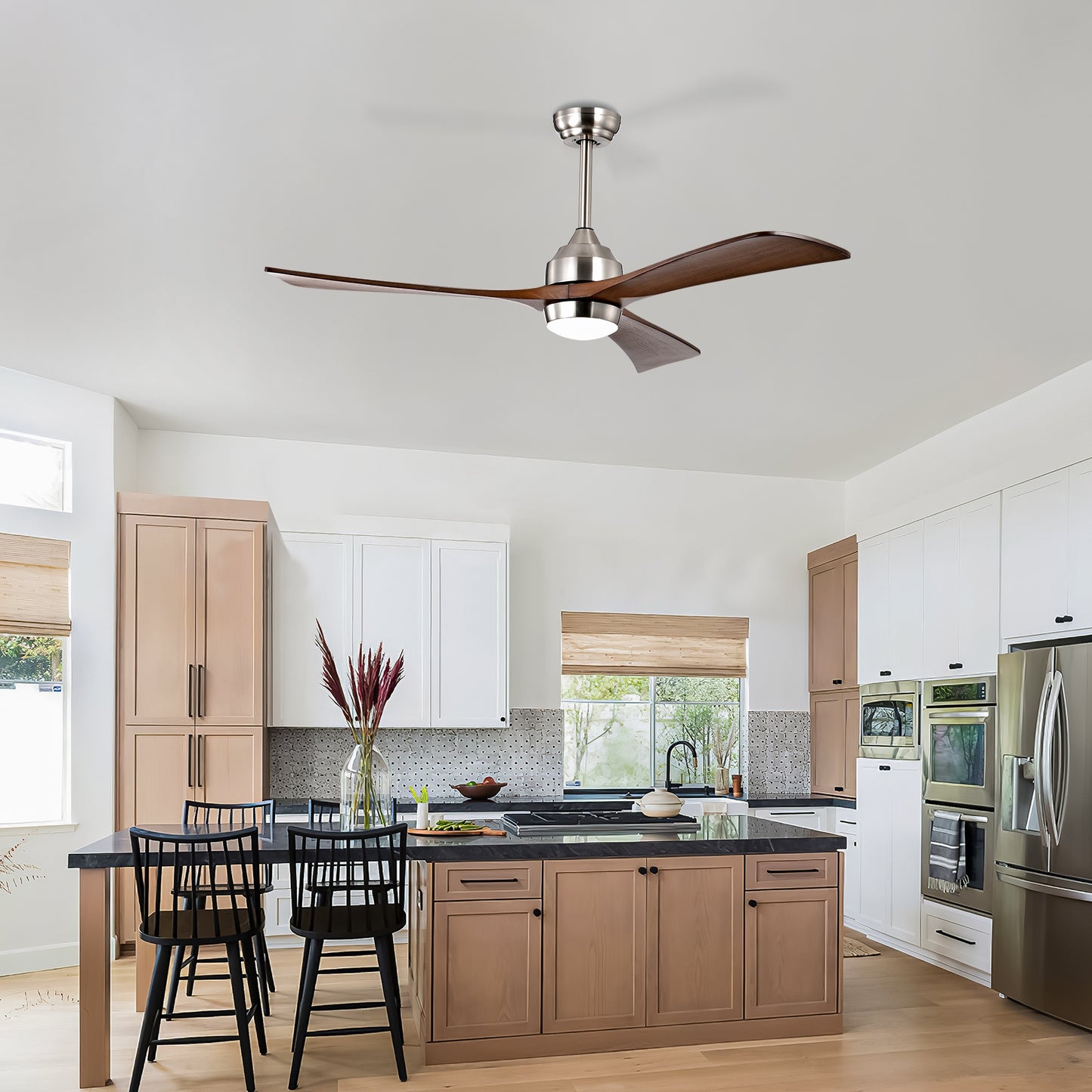 52" Ceiling Fan with Lights Remote Control,Quiet DC Motor 3 Wood Blade Ceiling Fans 6 Speed Levels,Reversible Ceiling Fan, for Patio Living Room, Bedroom, Office,Indoor.(Stain nickel + Walnut )