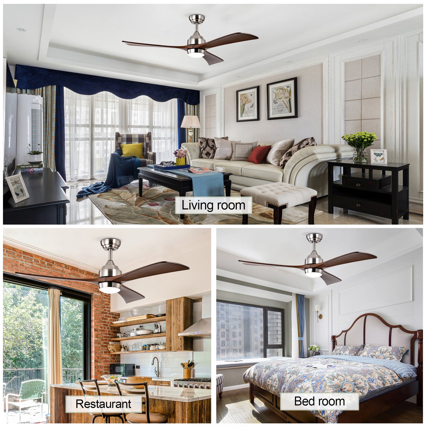 52" Ceiling Fan with Lights Remote Control,Quiet DC Motor 3 Wood Blade Ceiling Fans 6 Speed Levels,Reversible Ceiling Fan, for Patio Living Room, Bedroom, Office,Indoor.(Stain nickel + Walnut )