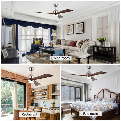52" Ceiling Fan with Lights Remote Control,Quiet DC Motor 3 Wood Blade Ceiling Fans 6 Speed Levels,Reversible Ceiling Fan, for Patio Living Room, Bedroom, Office,Indoor.(Stain nickel + Walnut )