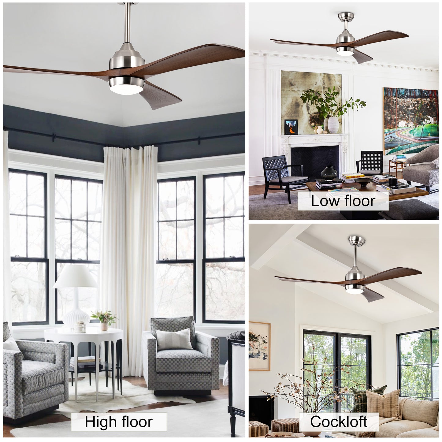 52" Ceiling Fan with Lights Remote Control,Quiet DC Motor 3 Wood Blade Ceiling Fans 6 Speed Levels,Reversible Ceiling Fan, for Patio Living Room, Bedroom, Office,Indoor.(Stain nickel + Walnut )