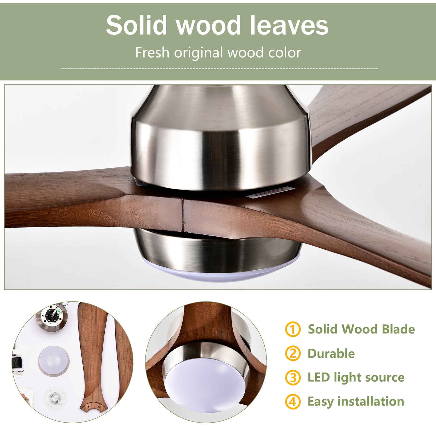52" Ceiling Fan with Lights Remote Control,Quiet DC Motor 3 Wood Blade Ceiling Fans 6 Speed Levels,Reversible Ceiling Fan, for Patio Living Room, Bedroom, Office,Indoor.(Stain nickel + Walnut )