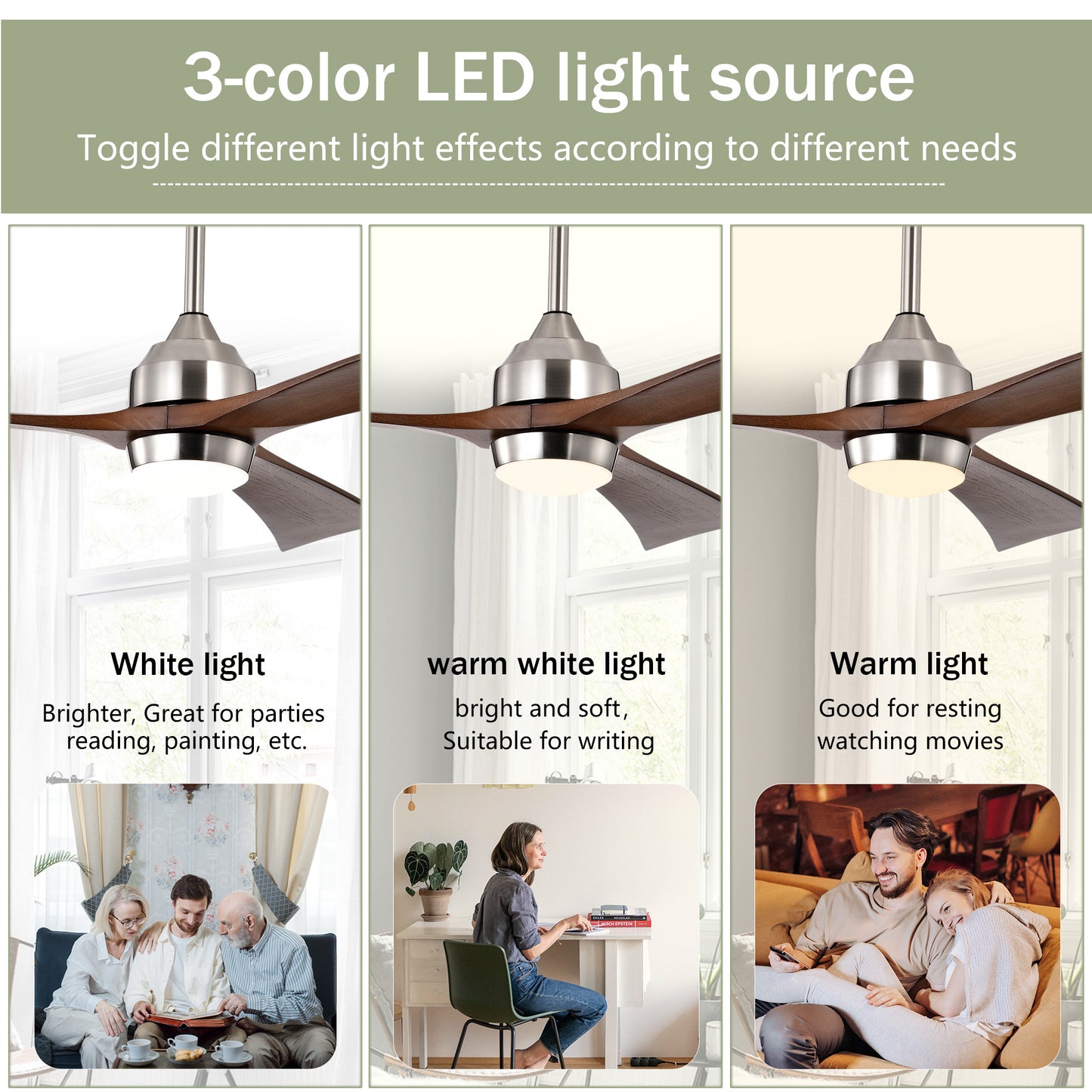 52" Ceiling Fan with Lights Remote Control,Quiet DC Motor 3 Wood Blade Ceiling Fans 6 Speed Levels,Reversible Ceiling Fan, for Patio Living Room, Bedroom, Office,Indoor.(Stain nickel + Walnut )
