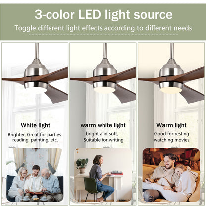 52" Ceiling Fan with Lights Remote Control,Quiet DC Motor 3 Wood Blade Ceiling Fans 6 Speed Levels,Reversible Ceiling Fan, for Patio Living Room, Bedroom, Office,Indoor.(Stain nickel + Walnut )