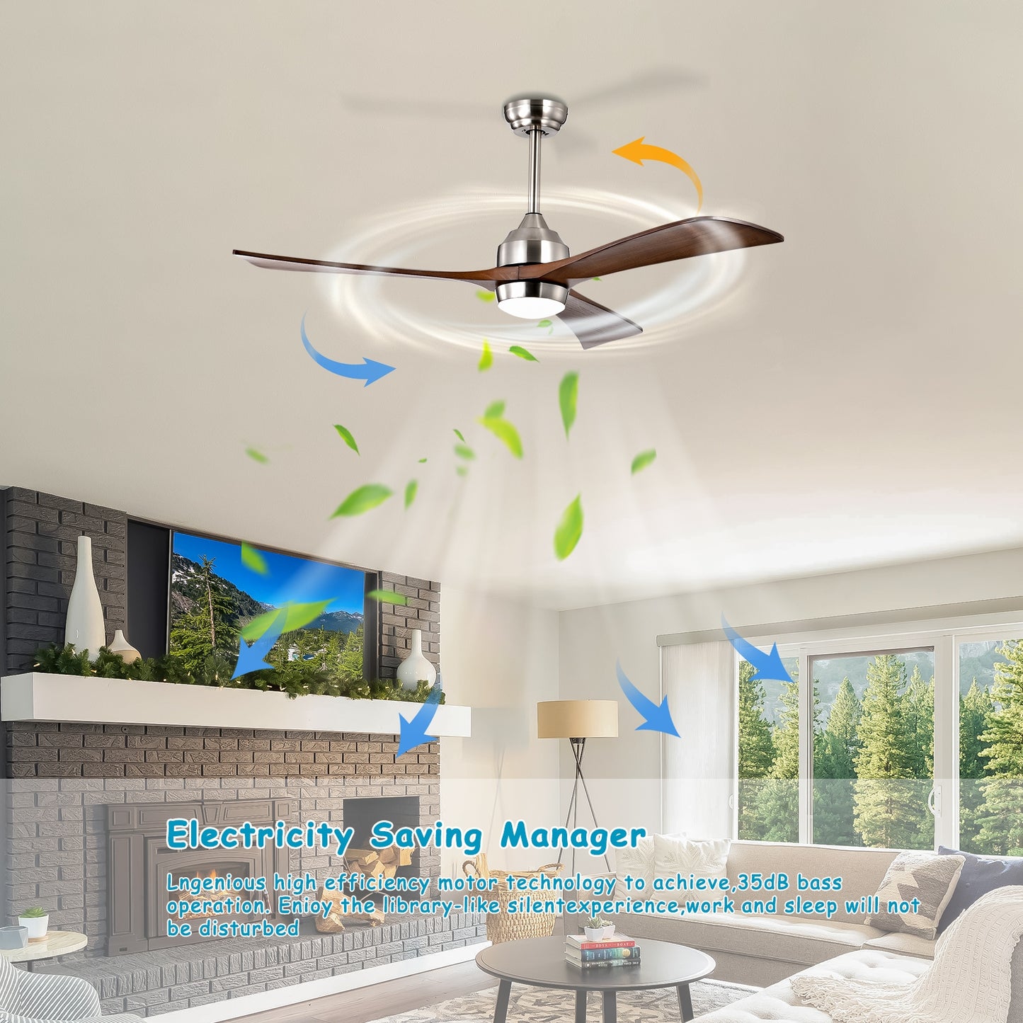 52" Ceiling Fan with Lights Remote Control,Quiet DC Motor 3 Wood Blade Ceiling Fans 6 Speed Levels,Reversible Ceiling Fan, for Patio Living Room, Bedroom, Office,Indoor.(Stain nickel + Walnut )