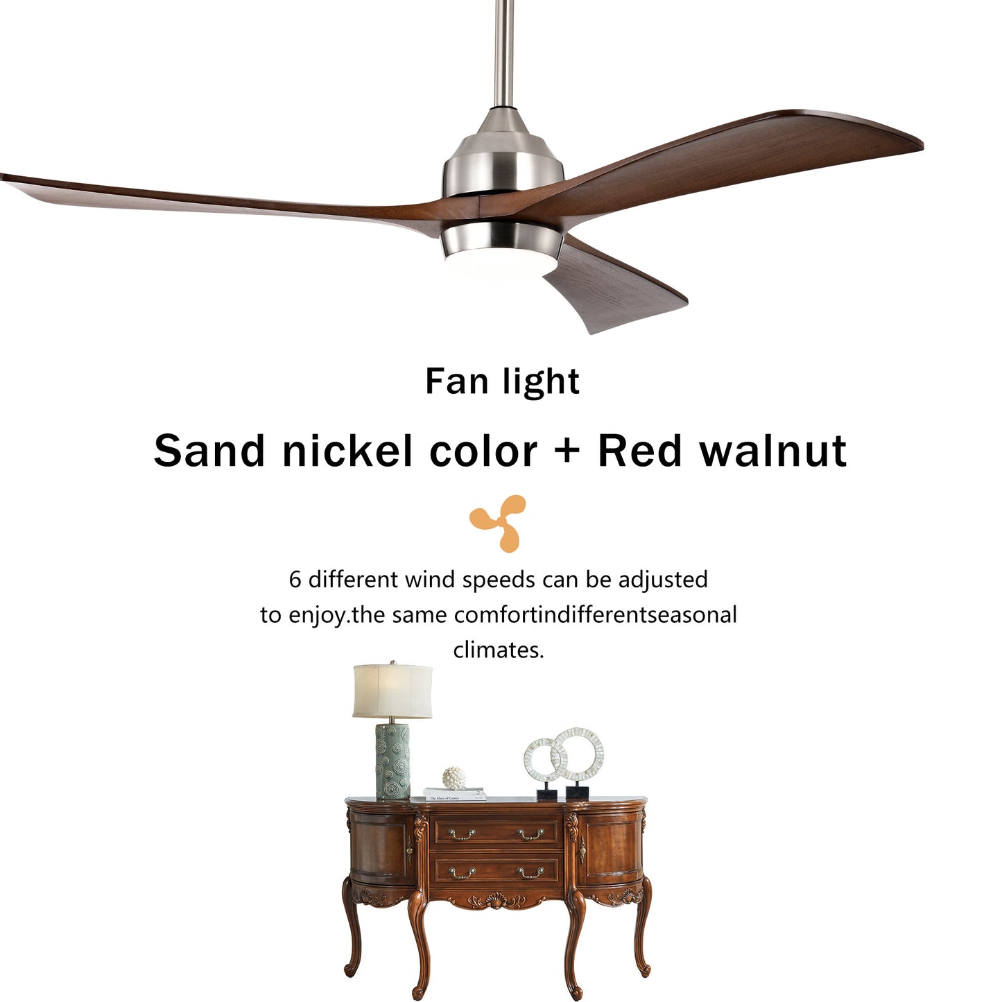 52" Ceiling Fan with Lights Remote Control,Quiet DC Motor 3 Wood Blade Ceiling Fans 6 Speed Levels,Reversible Ceiling Fan, for Patio Living Room, Bedroom, Office,Indoor.(Stain nickel + Walnut )