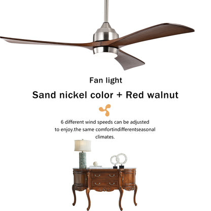 52" Ceiling Fan with Lights Remote Control,Quiet DC Motor 3 Wood Blade Ceiling Fans 6 Speed Levels,Reversible Ceiling Fan, for Patio Living Room, Bedroom, Office,Indoor.(Stain nickel + Walnut )