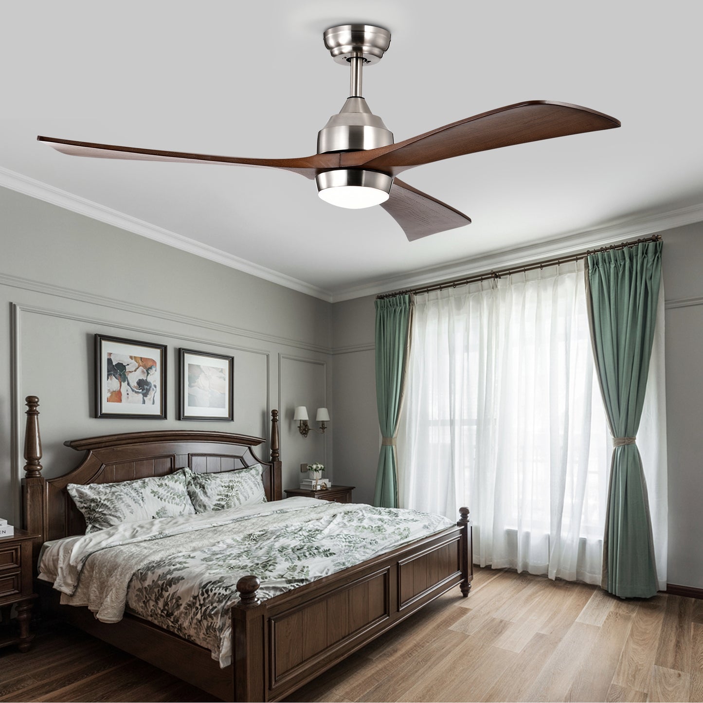52" Ceiling Fan with Lights Remote Control,Quiet DC Motor 3 Wood Blade Ceiling Fans 6 Speed Levels,Reversible Ceiling Fan, for Patio Living Room, Bedroom, Office,Indoor.(Stain nickel + Walnut )