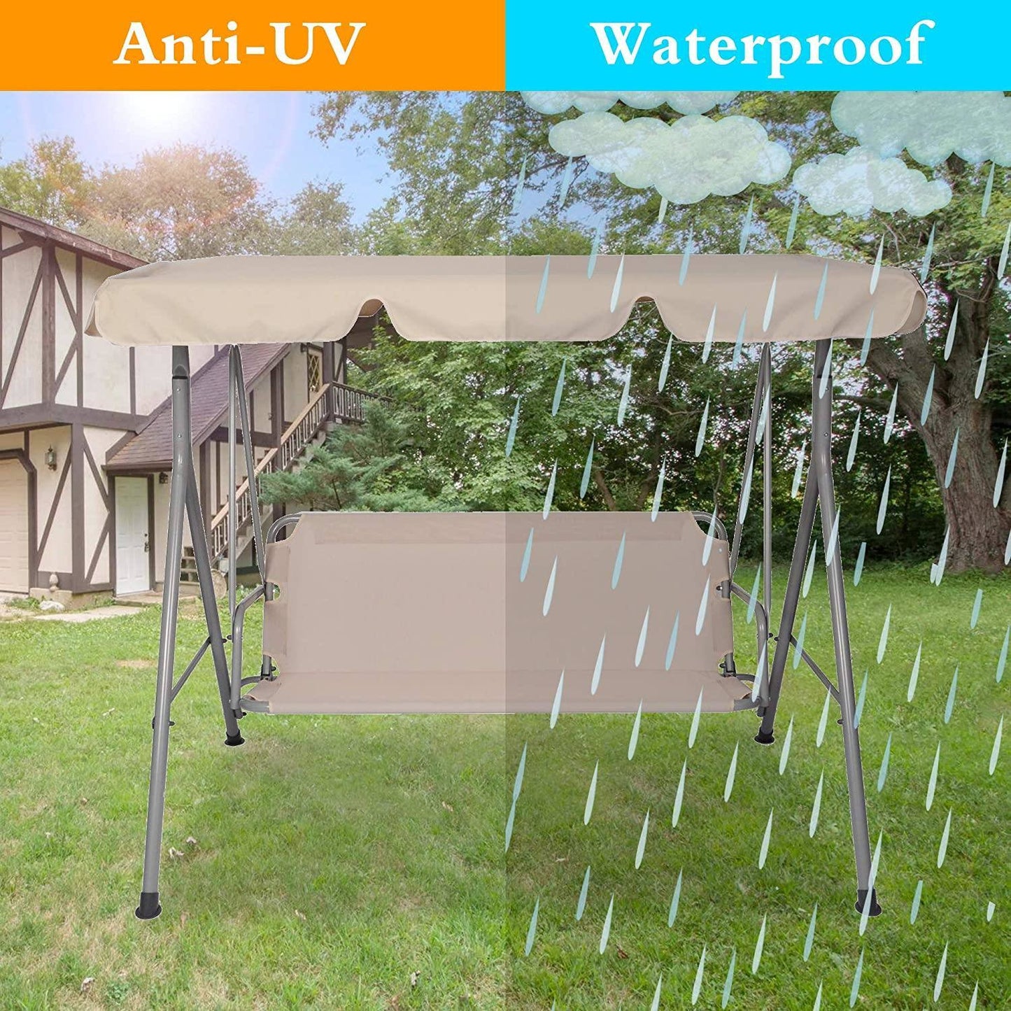 Outdoor Porch Patio Swing Chair with Stand and Waterproof Canopy All Weather Resistant Swing Bench