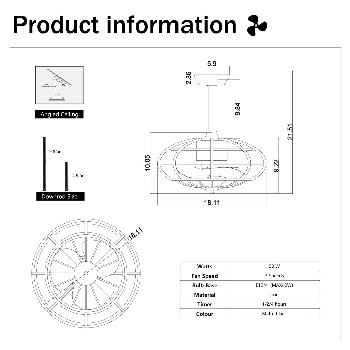 18.1" Caged Ceiling Fan with Remote Control,Timer, 3 Speeds Indoor Ceiling Fan for Farmhouse, Bedroom Living Room(No include Bulbs)