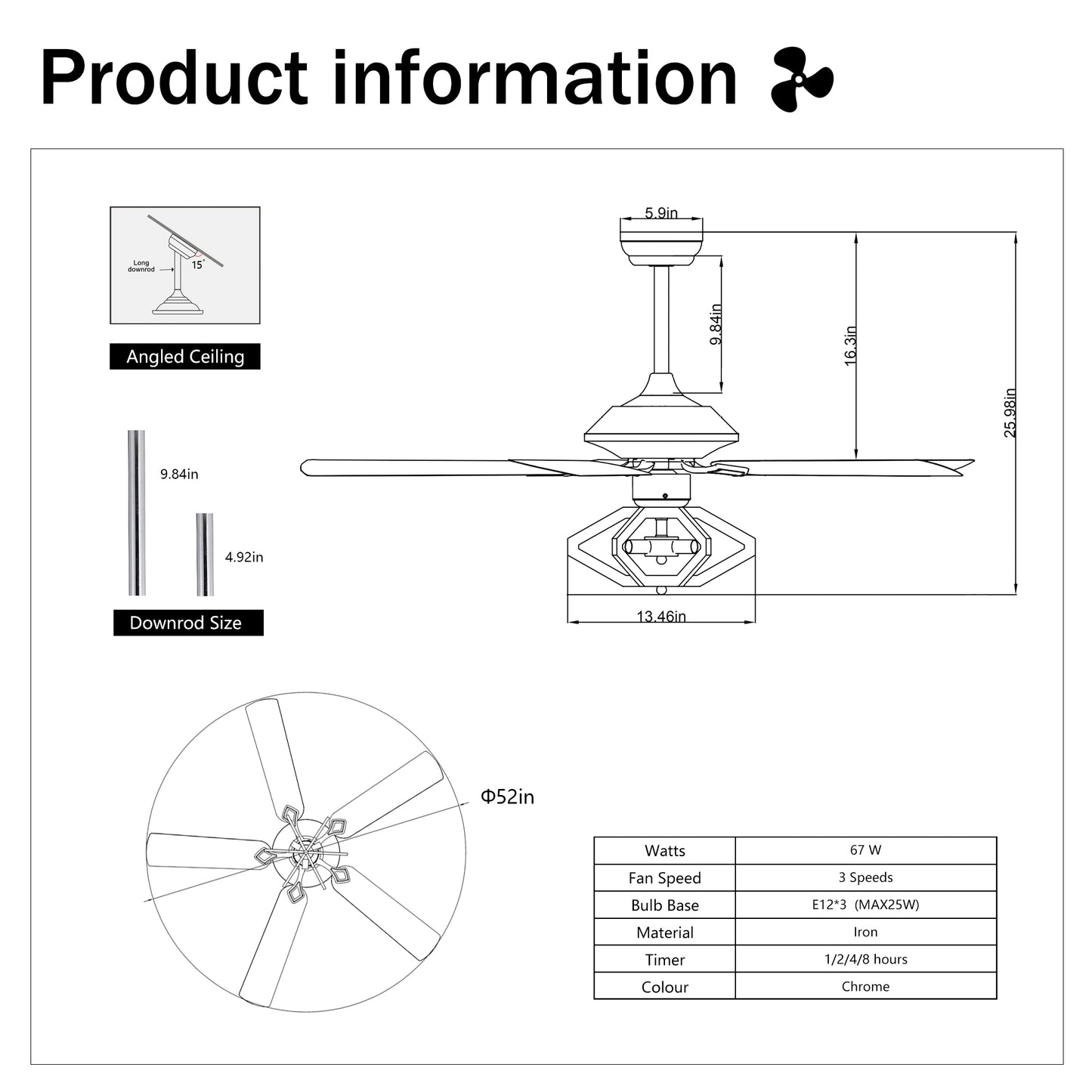 52" Dual Wood 5-Blade Crystal Ceiling Fan with Remote