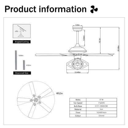 52" Dual Wood 5-Blade Crystal Ceiling Fan with Remote