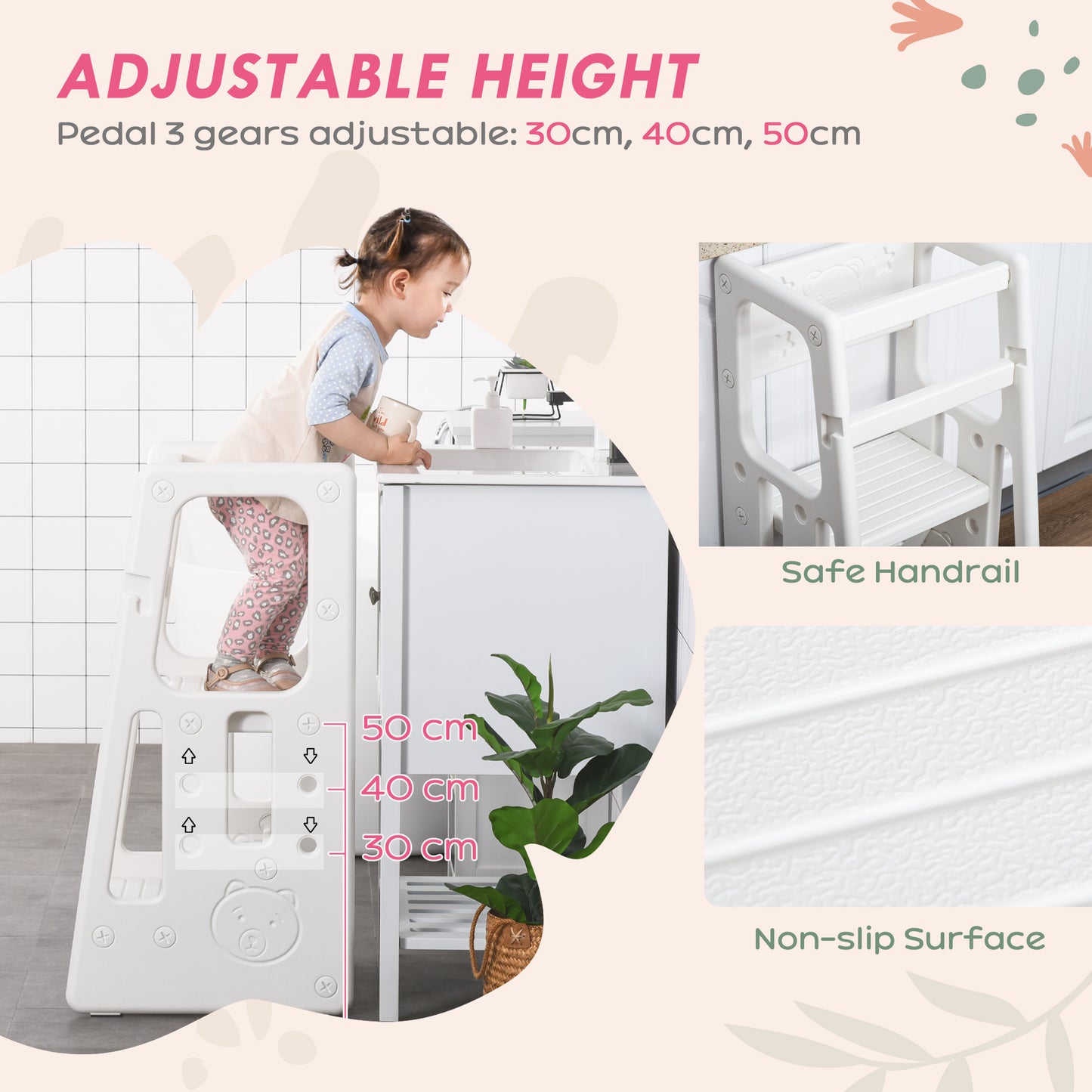 Toddler Tower with Adjustable Height, Toddler Kitchen Stool Helper with Anti-slip Mat, Step Stool for Kitchen, Bathroom, White