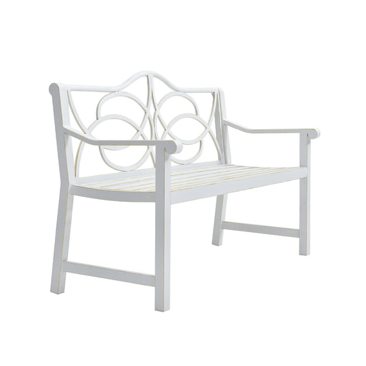 Outdoor Garden Patio Bench,Iron Metal Steel Frame Park Bench with Backrest and Armrest, Slatted Seat for Park, Yard & Porch, Balcony, Accommodates 2-3 People,White