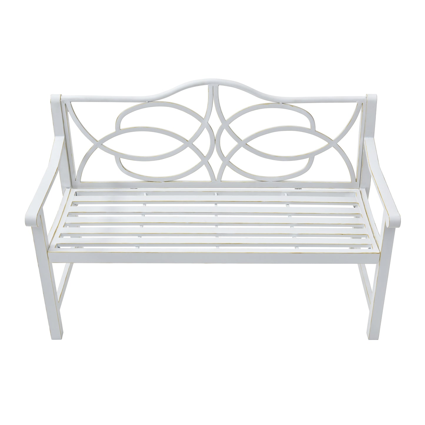 Outdoor Garden Patio Bench,Iron Metal Steel Frame Park Bench with Backrest and Armrest, Slatted Seat for Park, Yard & Porch, Balcony, Accommodates 2-3 People,White