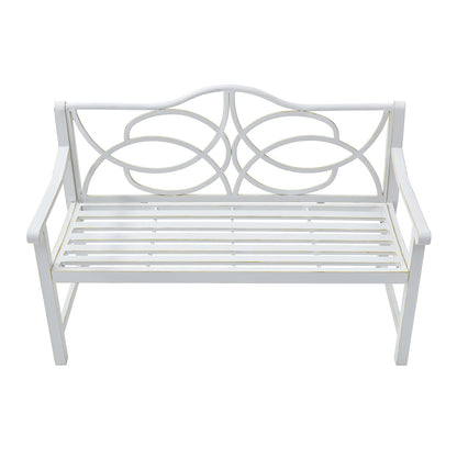 Outdoor Garden Patio Bench,Iron Metal Steel Frame Park Bench with Backrest and Armrest, Slatted Seat for Park, Yard & Porch, Balcony, Accommodates 2-3 People,White