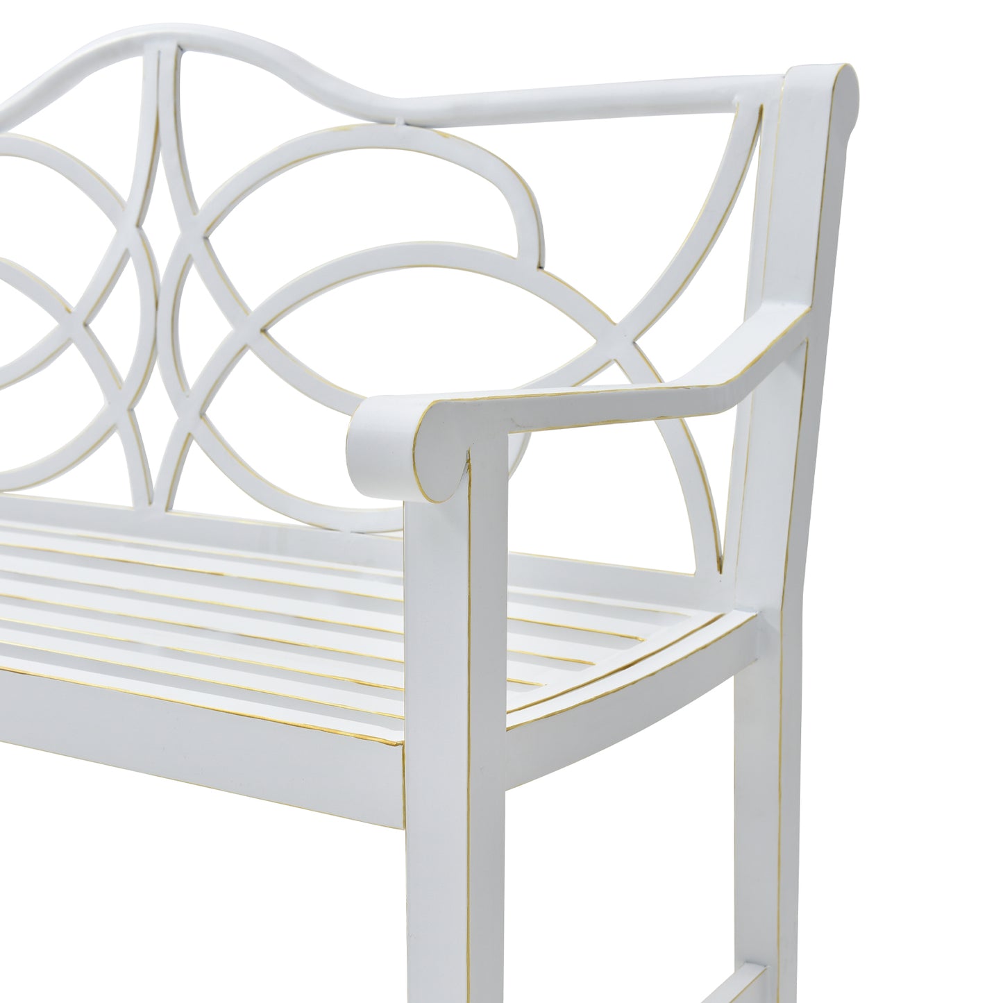 Outdoor Garden Patio Bench,Iron Metal Steel Frame Park Bench with Backrest and Armrest, Slatted Seat for Park, Yard & Porch, Balcony, Accommodates 2-3 People,White