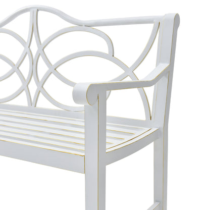 Outdoor Garden Patio Bench,Iron Metal Steel Frame Park Bench with Backrest and Armrest, Slatted Seat for Park, Yard & Porch, Balcony, Accommodates 2-3 People,White