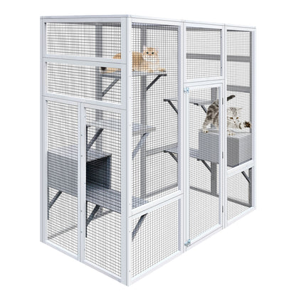 62.6" Outdoor Wooden Cat House Large Catio, Solid Wood Cat Cage Shelter Enclosure Playpen with Anti-UV& Waterproof, 7 Platforms and 2 Resting Boxes