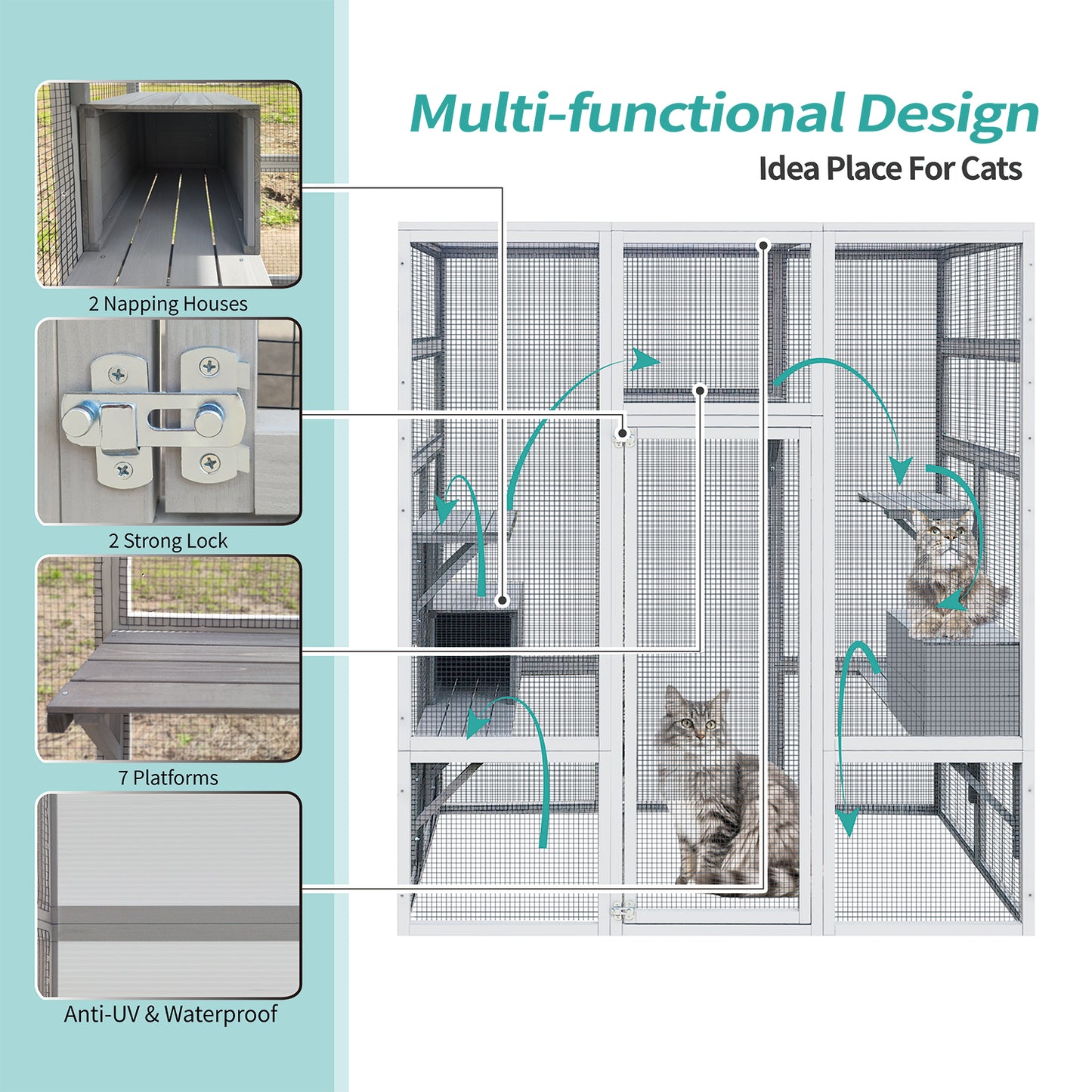 62.6" Outdoor Wooden Cat House Large Catio, Solid Wood Cat Cage Shelter Enclosure Playpen with Anti-UV& Waterproof, 7 Platforms and 2 Resting Boxes