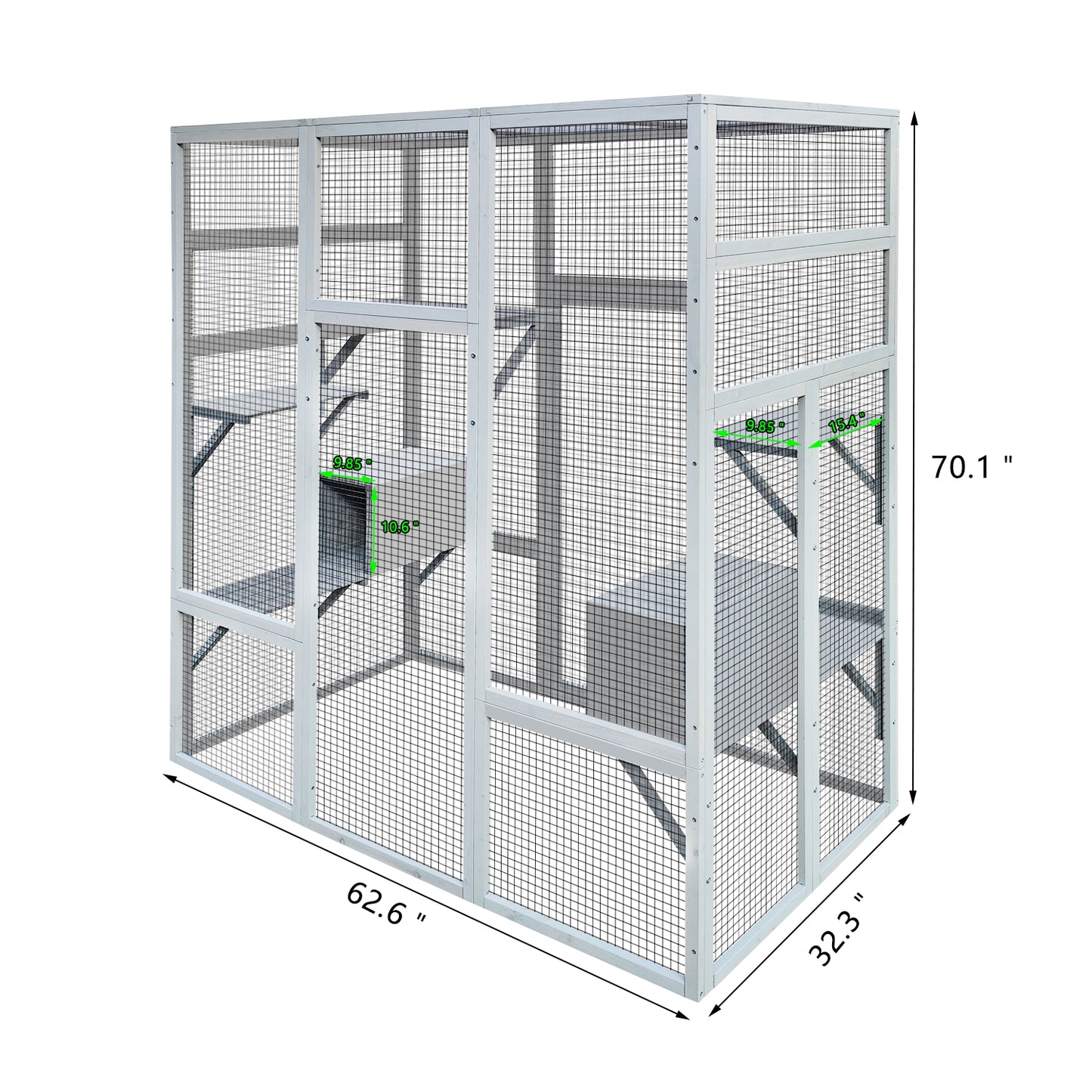 62.6" Outdoor Wooden Cat House Large Catio, Solid Wood Cat Cage Shelter Enclosure Playpen with Anti-UV& Waterproof, 7 Platforms and 2 Resting Boxes