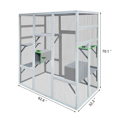 62.6" Outdoor Wooden Cat House Large Catio, Solid Wood Cat Cage Shelter Enclosure Playpen with Anti-UV& Waterproof, 7 Platforms and 2 Resting Boxes