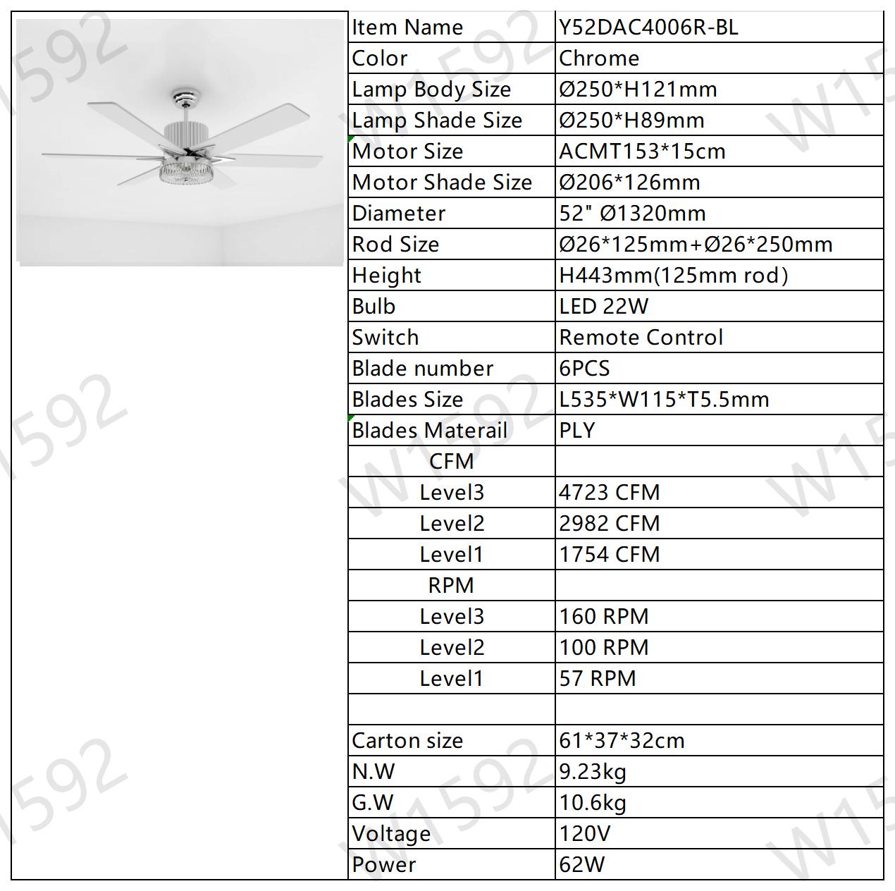 52'' Modern Ceiling Fans with Remote,Wood Ceiling Fan with Lights,LED Ceiling Fan Light with 6 Blade,3 Speed AC Motor Indoor Ceiling Fan for Patio,Living Room,Bedroom--Chrome
