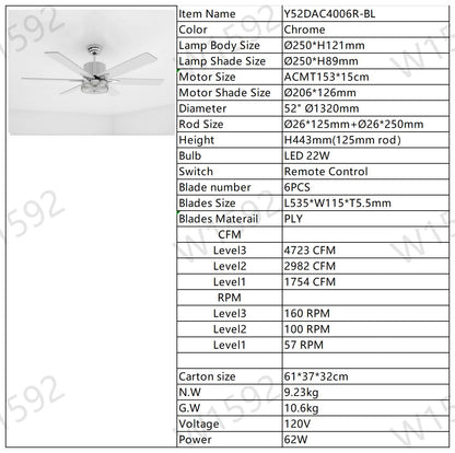 52'' Modern Ceiling Fans with Remote,Wood Ceiling Fan with Lights,LED Ceiling Fan Light with 6 Blade,3 Speed AC Motor Indoor Ceiling Fan for Patio,Living Room,Bedroom--Chrome