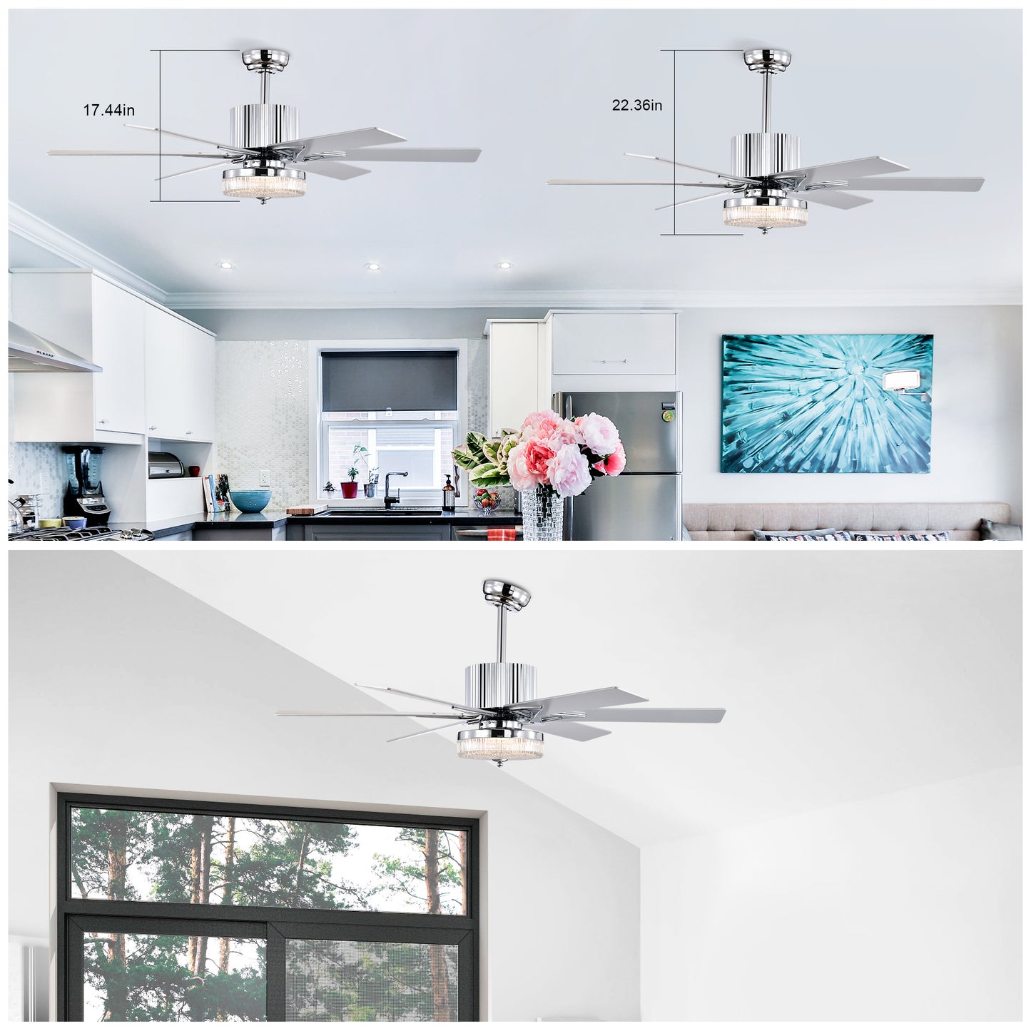52'' Modern Ceiling Fans with Remote,Wood Ceiling Fan with Lights,LED Ceiling Fan Light with 6 Blade,3 Speed AC Motor Indoor Ceiling Fan for Patio,Living Room,Bedroom--Chrome