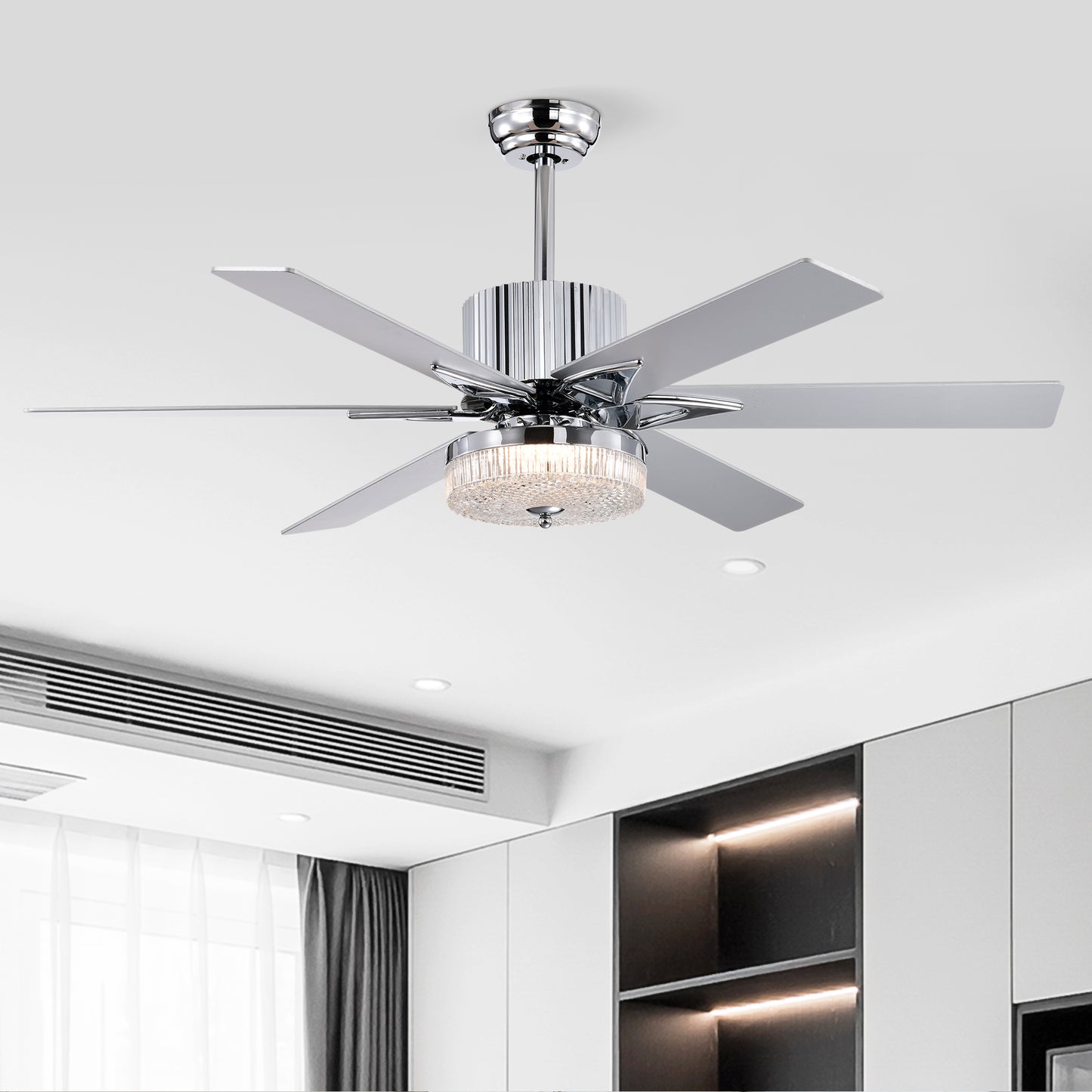 52'' Modern Ceiling Fans with Remote,Wood Ceiling Fan with Lights,LED Ceiling Fan Light with 6 Blade,3 Speed AC Motor Indoor Ceiling Fan for Patio,Living Room,Bedroom--Chrome