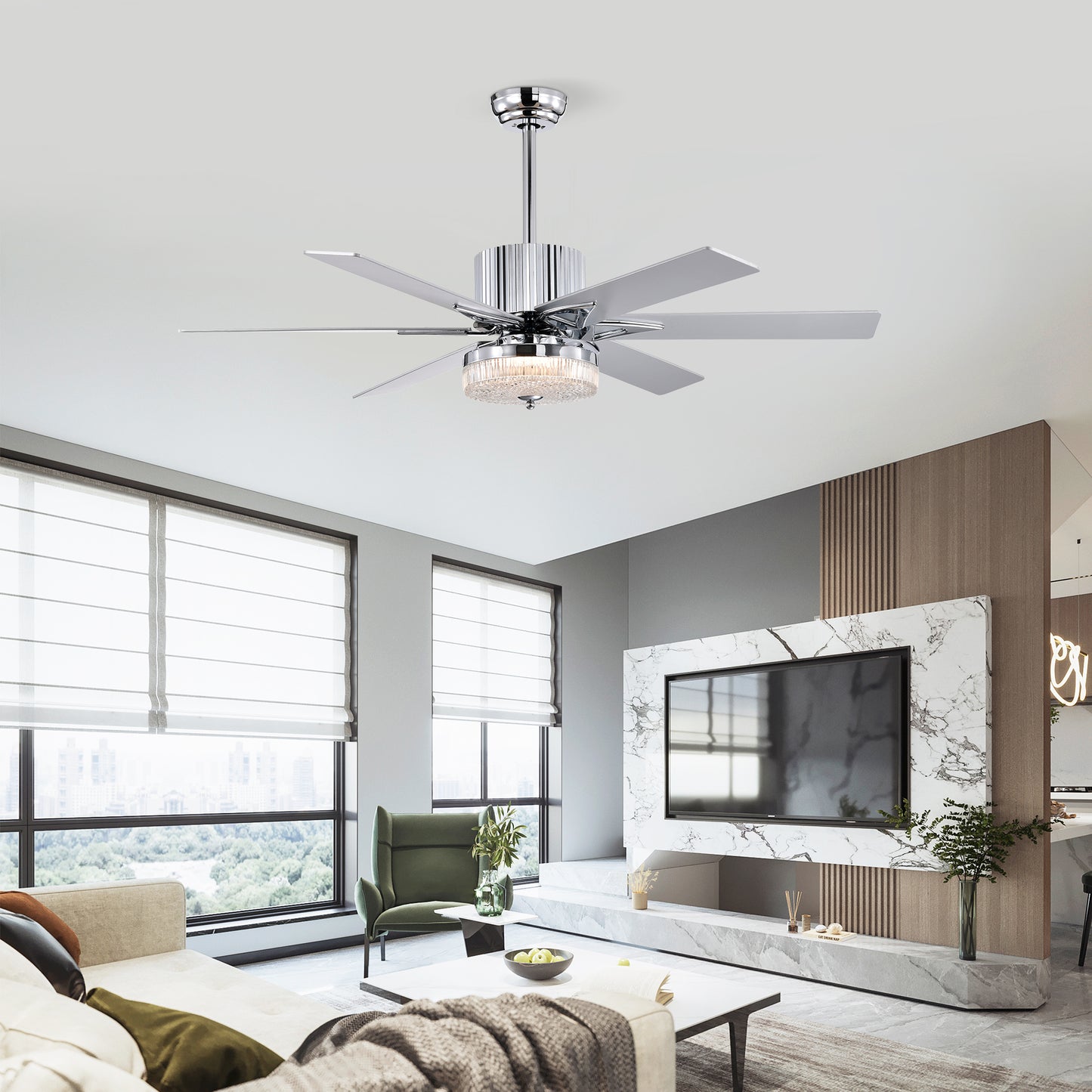 52'' Modern Ceiling Fans with Remote,Wood Ceiling Fan with Lights,LED Ceiling Fan Light with 6 Blade,3 Speed AC Motor Indoor Ceiling Fan for Patio,Living Room,Bedroom--Chrome
