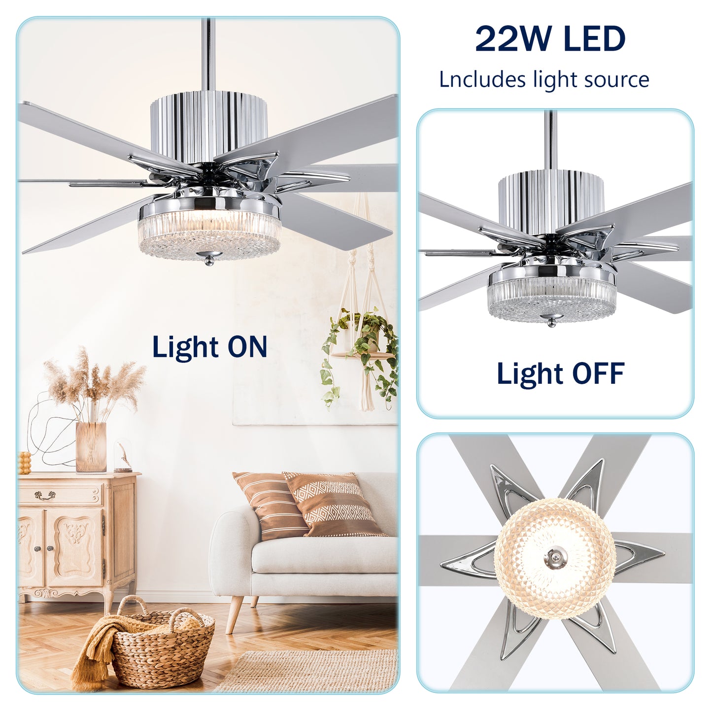 52'' Modern Ceiling Fans with Remote,Wood Ceiling Fan with Lights,LED Ceiling Fan Light with 6 Blade,3 Speed AC Motor Indoor Ceiling Fan for Patio,Living Room,Bedroom--Chrome