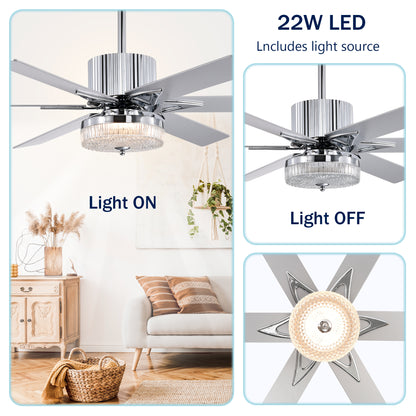 52'' Modern Ceiling Fans with Remote,Wood Ceiling Fan with Lights,LED Ceiling Fan Light with 6 Blade,3 Speed AC Motor Indoor Ceiling Fan for Patio,Living Room,Bedroom--Chrome