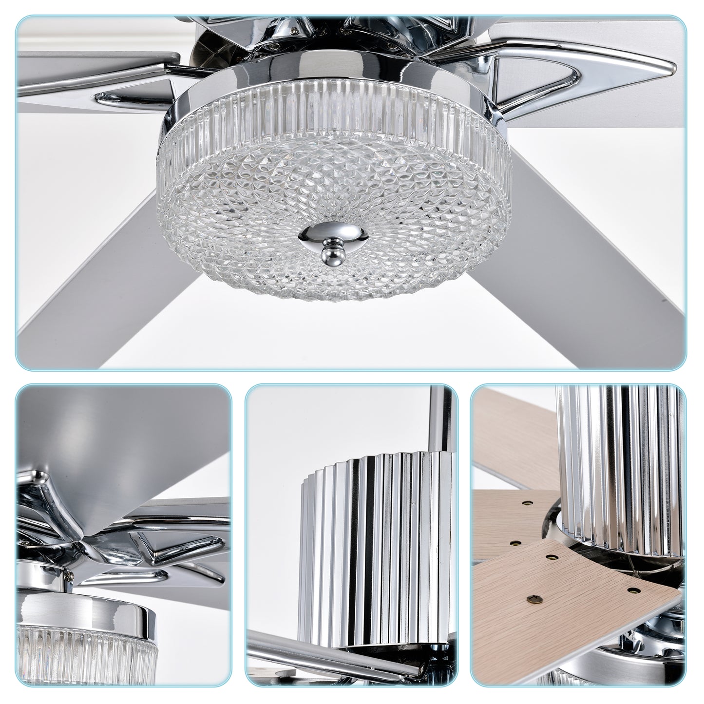 52'' Modern Ceiling Fans with Remote,Wood Ceiling Fan with Lights,LED Ceiling Fan Light with 6 Blade,3 Speed AC Motor Indoor Ceiling Fan for Patio,Living Room,Bedroom--Chrome