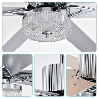 52'' Modern Ceiling Fans with Remote,Wood Ceiling Fan with Lights,LED Ceiling Fan Light with 6 Blade,3 Speed AC Motor Indoor Ceiling Fan for Patio,Living Room,Bedroom--Chrome