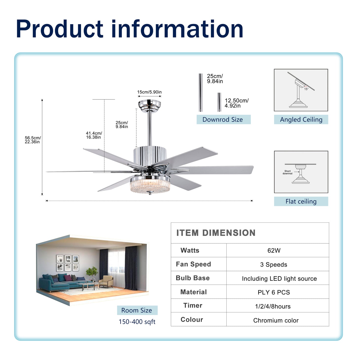 52'' Modern Ceiling Fans with Remote,Wood Ceiling Fan with Lights,LED Ceiling Fan Light with 6 Blade,3 Speed AC Motor Indoor Ceiling Fan for Patio,Living Room,Bedroom--Chrome