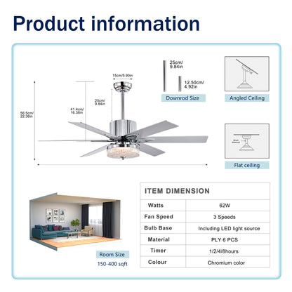 52'' Modern Ceiling Fans with Remote,Wood Ceiling Fan with Lights,LED Ceiling Fan Light with 6 Blade,3 Speed AC Motor Indoor Ceiling Fan for Patio,Living Room,Bedroom--Chrome