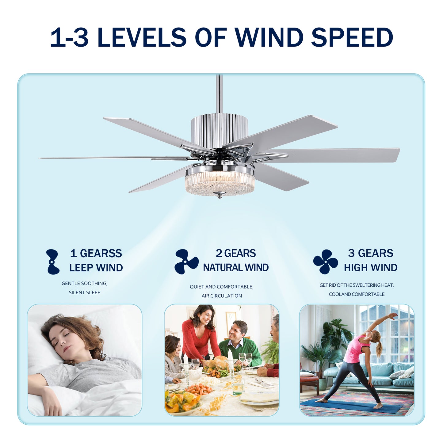 52'' Modern Ceiling Fans with Remote,Wood Ceiling Fan with Lights,LED Ceiling Fan Light with 6 Blade,3 Speed AC Motor Indoor Ceiling Fan for Patio,Living Room,Bedroom--Chrome