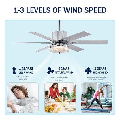 52'' Modern Ceiling Fans with Remote,Wood Ceiling Fan with Lights,LED Ceiling Fan Light with 6 Blade,3 Speed AC Motor Indoor Ceiling Fan for Patio,Living Room,Bedroom--Chrome