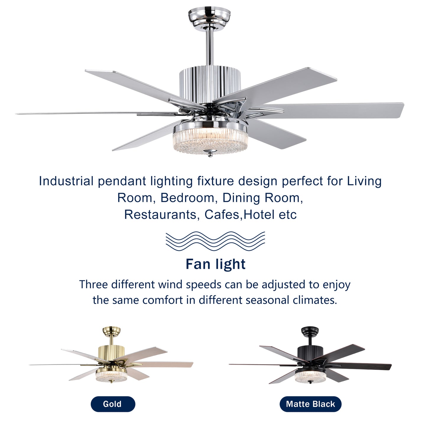 52'' Modern Ceiling Fans with Remote,Wood Ceiling Fan with Lights,LED Ceiling Fan Light with 6 Blade,3 Speed AC Motor Indoor Ceiling Fan for Patio,Living Room,Bedroom--Chrome