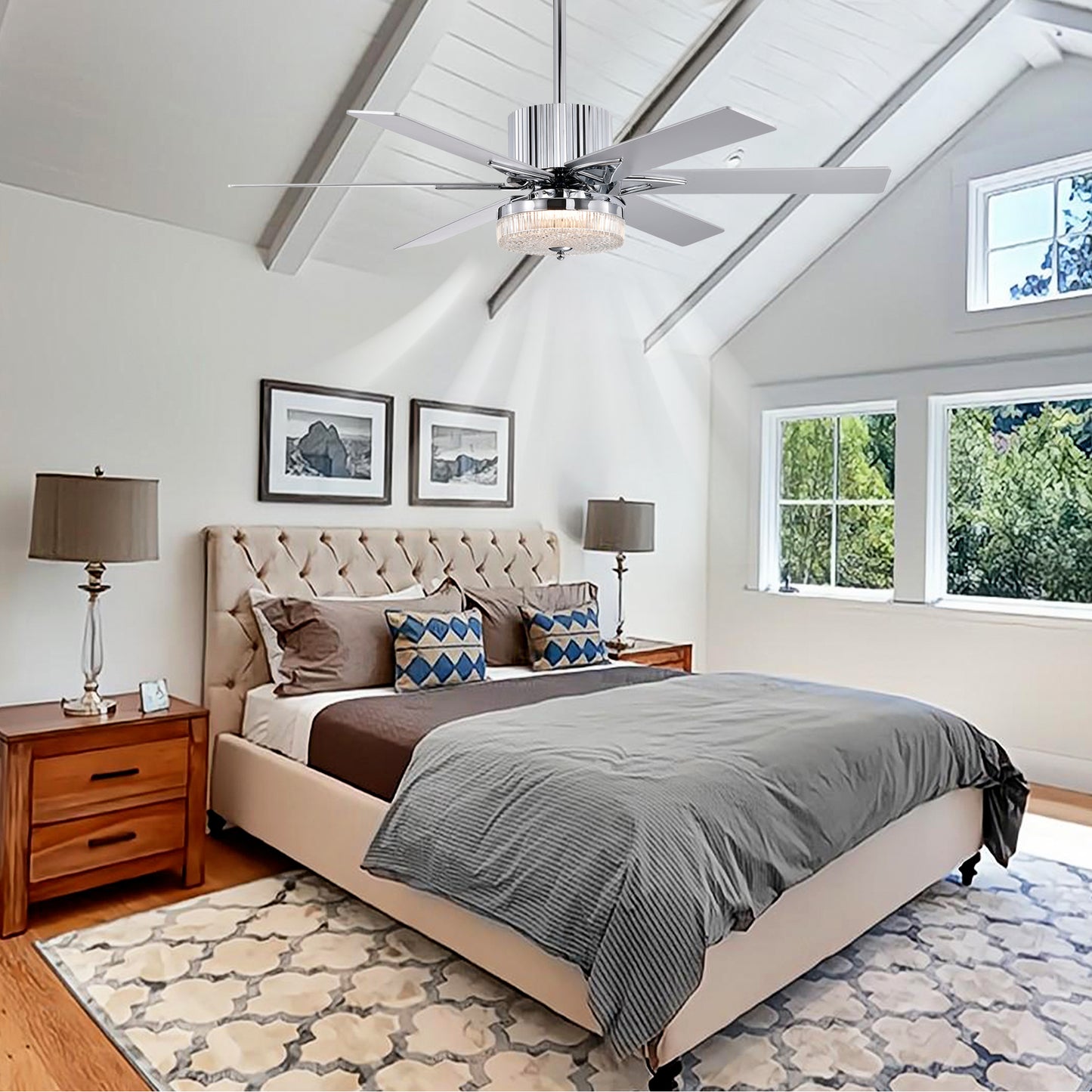 52'' Modern Ceiling Fans with Remote,Wood Ceiling Fan with Lights,LED Ceiling Fan Light with 6 Blade,3 Speed AC Motor Indoor Ceiling Fan for Patio,Living Room,Bedroom--Chrome