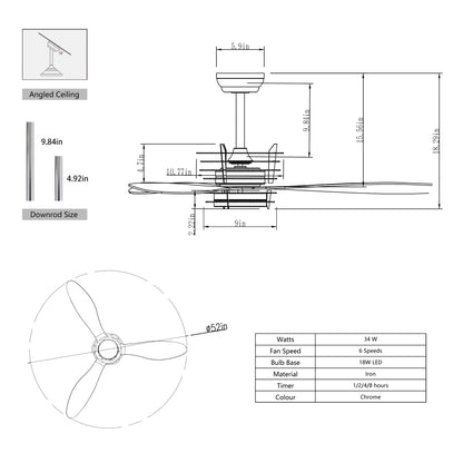52'' ABS Blades Ceiling Fan with Lights and DC Remote, DC Motor Modern Ceiling Fan with 3 ABS Fan Blades & 2 Down Rods, Indoor Ceiling Fan with Light for Bedroom,Living room