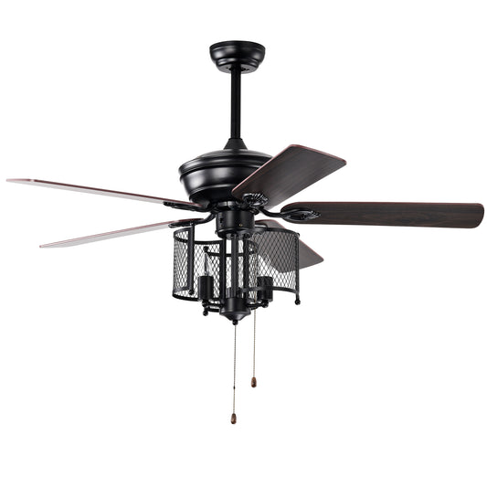 52'' Farmhouse Ceiling Fan 5PCS Dual Finish Blades Industrial Fandelier for Living room Bedroom Patio --Matte Black--Hand Pull Chain