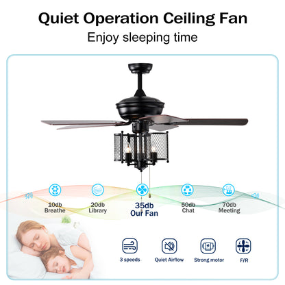 52'' Farmhouse Ceiling Fan 5PCS Dual Finish Blades Industrial Fandelier for Living room Bedroom Patio --Matte Black--Hand Pull Chain