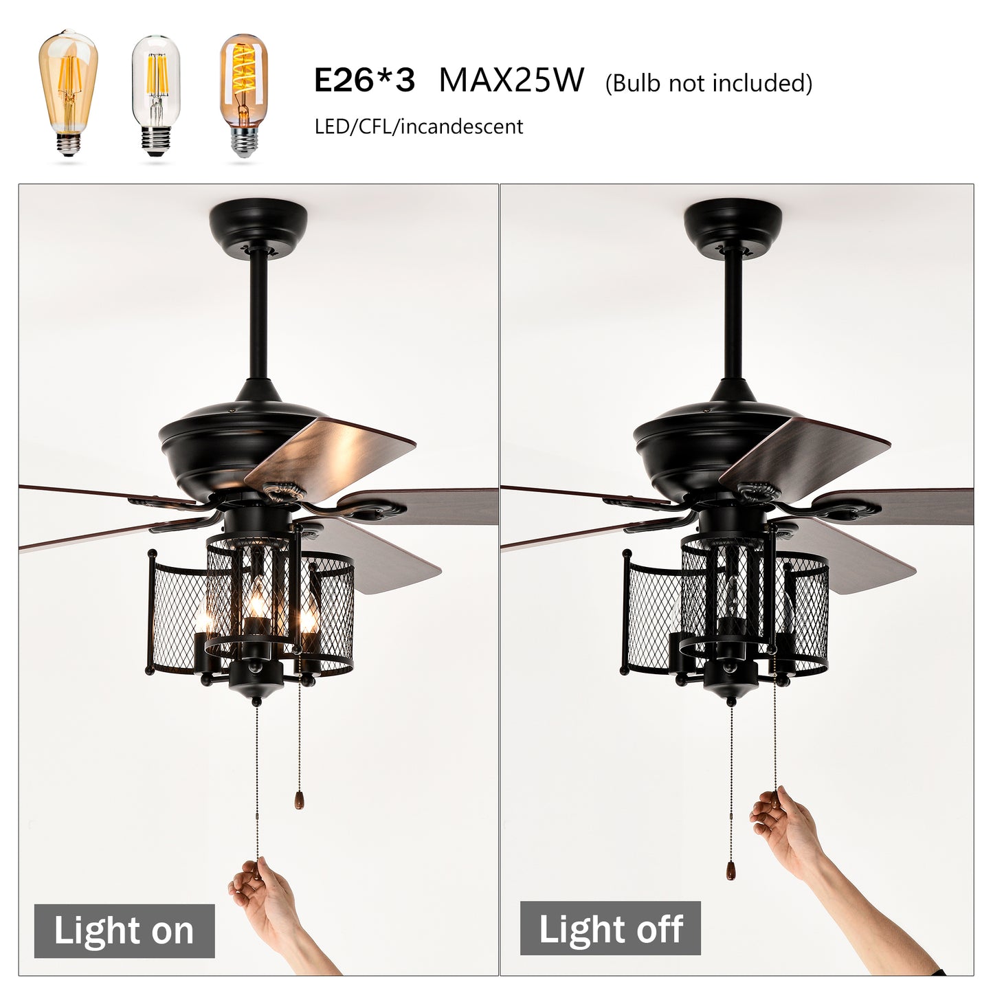 52'' Farmhouse Ceiling Fan 5PCS Dual Finish Blades Industrial Fandelier for Living room Bedroom Patio --Matte Black--Hand Pull Chain