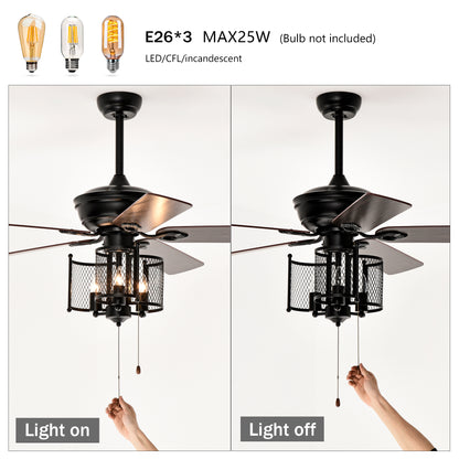52'' Farmhouse Ceiling Fan 5PCS Dual Finish Blades Industrial Fandelier for Living room Bedroom Patio --Matte Black--Hand Pull Chain