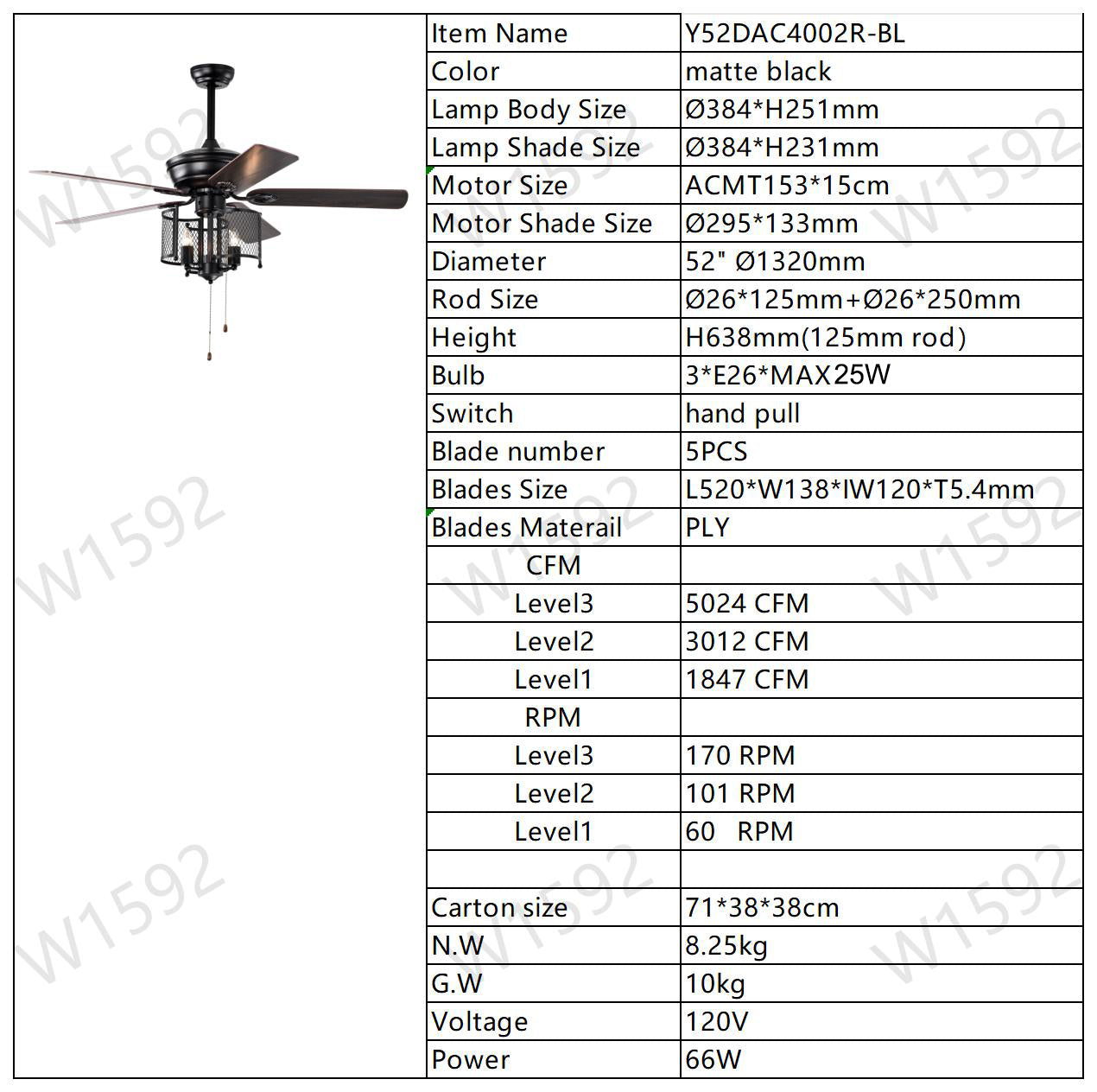 52'' Farmhouse Ceiling Fan 5PCS Dual Finish Blades Industrial Fandelier for Living room Bedroom Patio --Matte Black--Hand Pull Chain