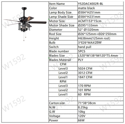 52'' Farmhouse Ceiling Fan 5PCS Dual Finish Blades Industrial Fandelier for Living room Bedroom Patio --Matte Black--Hand Pull Chain