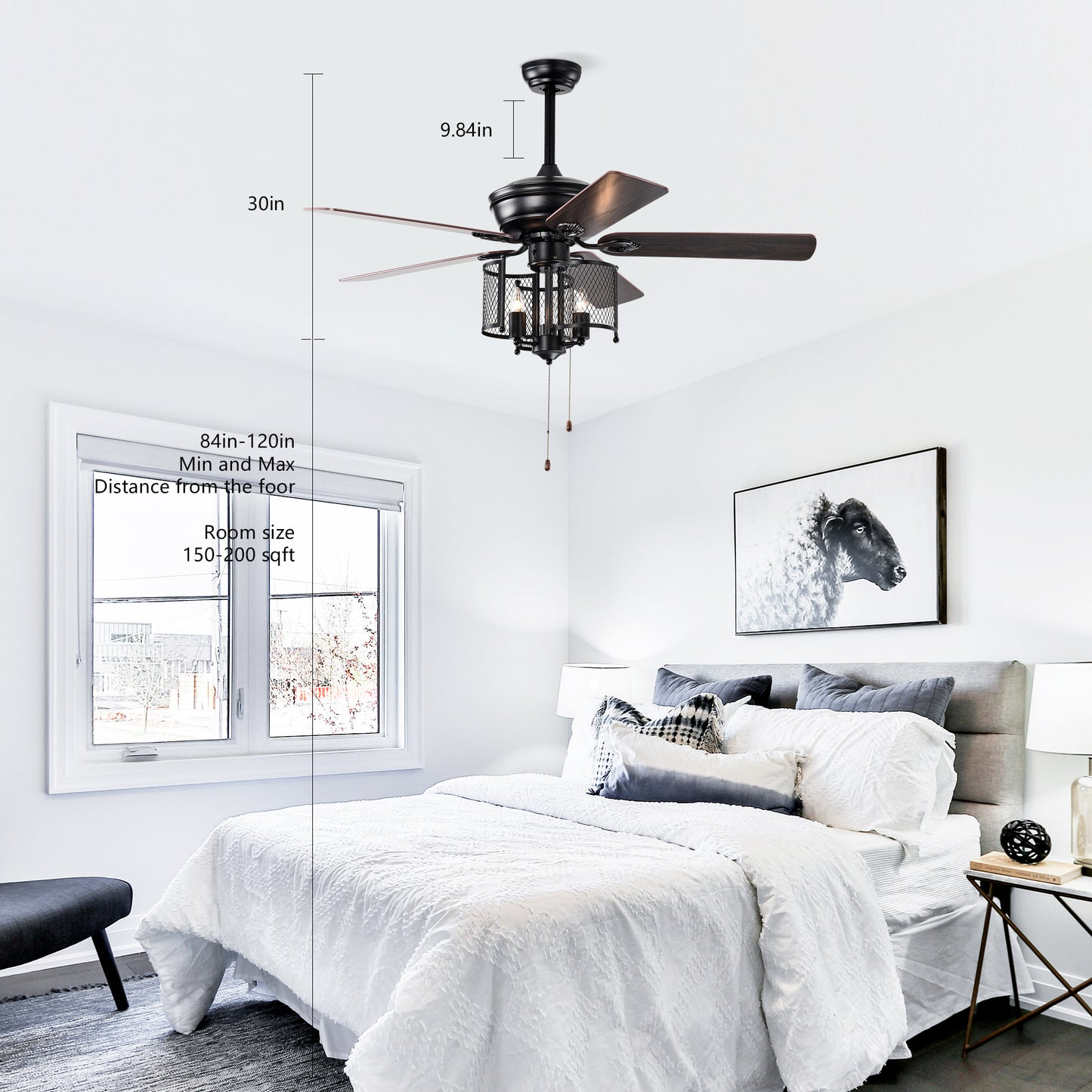 52'' Farmhouse Ceiling Fan 5PCS Dual Finish Blades Industrial Fandelier for Living room Bedroom Patio --Matte Black--Hand Pull Chain
