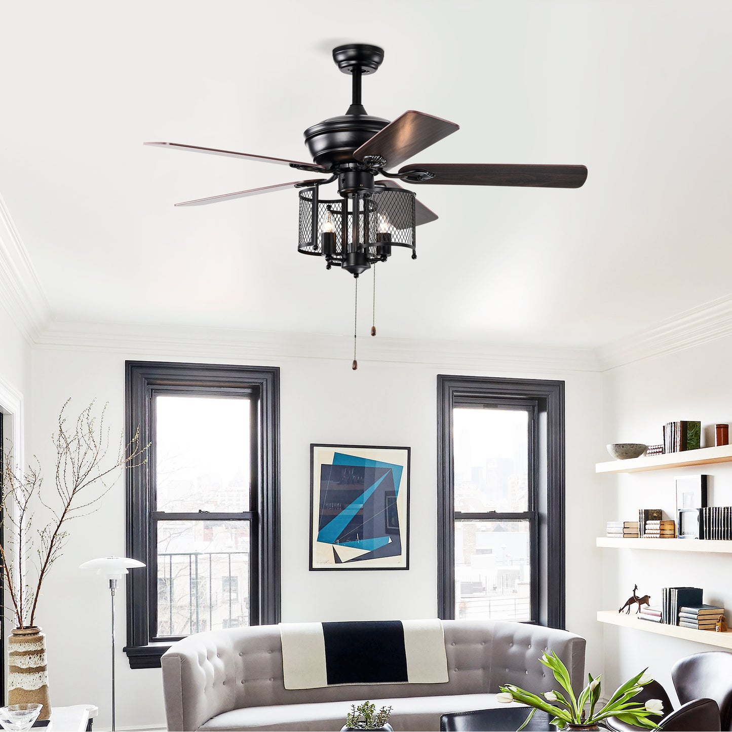 52'' Farmhouse Ceiling Fan 5PCS Dual Finish Blades Industrial Fandelier for Living room Bedroom Patio --Matte Black--Hand Pull Chain